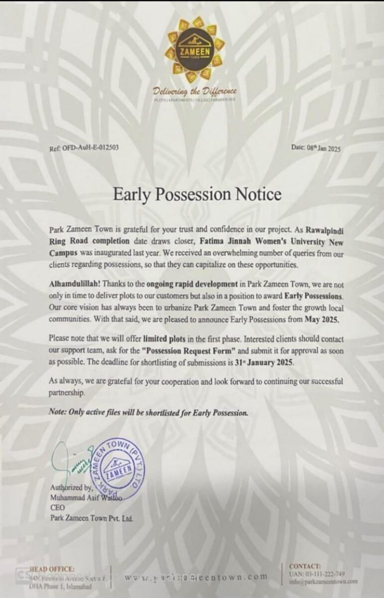 Park Zameen Town Announces Early Plot Possessions for Selected Members