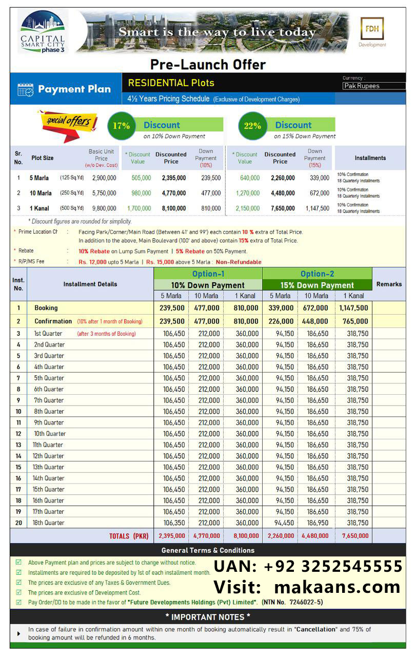 Capital Smart City Phase 3 Details Payment Plan islamabad